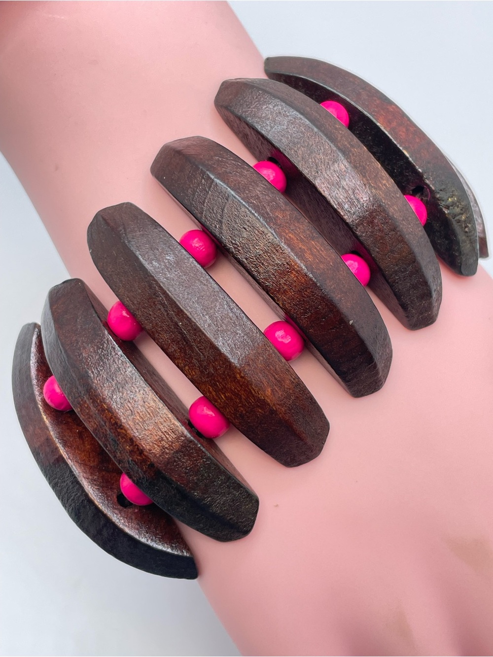 Wood Beaded Stretch Bracelet Brown Pink Boho Statement Handmade